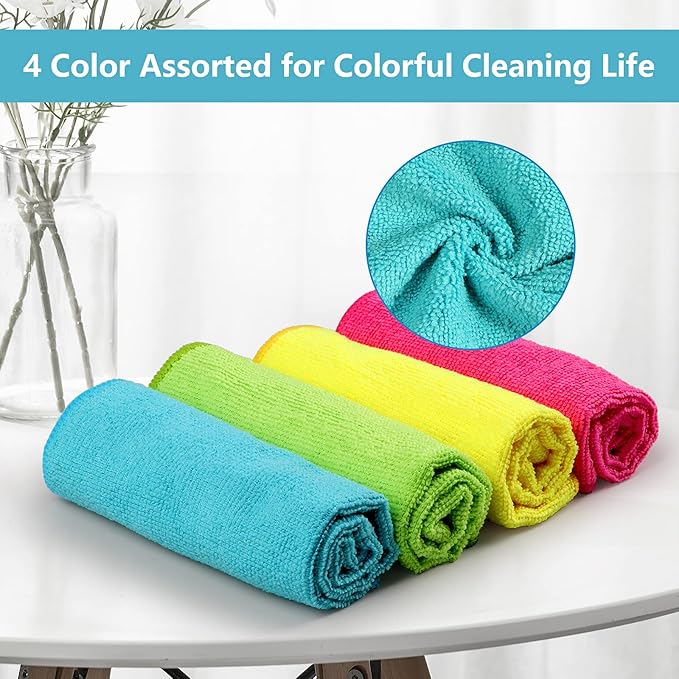 microfiber cleaning cloth, 24 pack cleaning rags, cleaning towels with 4 color assorted, 11.5"x11.5"(green/blue/yellow/pink) microfiber cleaning cloth, 24 pack cleaning rags, cleaning towels with 4 color assorted, 11.5"x11.5"(green/blue/yellow/pink)
